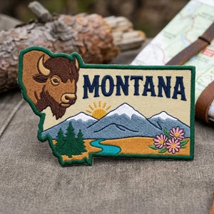 Custom Montana Embroidered Patch, Iron On Sew On Hook and Loop, Bison Mountain State Travel Souvenir Patch, Outdoor Adventure Gift