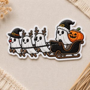 Embroidered Halloween Ghost Sleigh Patch, Reindeer Ghost Patch, Iron On, Sew On, Hook and Loop, Cute Spooky Holiday Gift