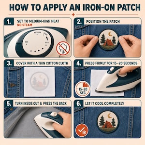 Pu&ograve; includere: Un grafico illustrativo intitolato HOW TO APPLY AN IRON-ON PATCH con sei passaggi. Mostra un ferro da stiro blu scuro e bianco, una toppa circolare con una tenda, alberi e luna, e un tessuto denim. I passaggi illustrano l'impostazione del calore, il posizionamento, la copertura con un panno, la pressione per 15-20 secondi, la stiratura del retro e il raffreddamento.