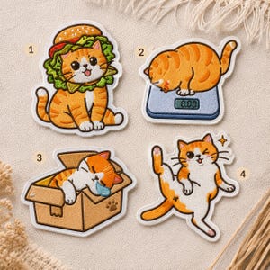 May include: Four embroidered patches featuring orange tabby cats. Patch 1 shows a cat in a burger costume. Patch 2 shows a cat on a blue digital scale. Patch 3 shows a cat sleeping in a cardboard box. Patch 4 shows a cat winking and stretching.