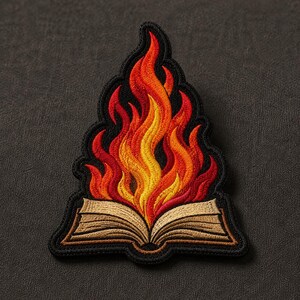 May include: An embroidered patch featuring an open book with tan pages and a dark brown cover. Rising from the center of the book are vibrant flames in shades of yellow, orange, and red, all outlined with a thick black border and stitching.