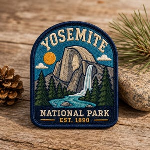 May include: An embroidered patch featuring a landscape of Yosemite National Park with Half Dome, a waterfall, a river, and pine trees. The text reads YOSEMITE NATIONAL PARK EST. 1890. The design includes a yellow sun and white clouds on a blue background.