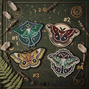 Può includere: Quattro toppe ricamate a forma di falena numerate da #1 a #4. La toppa #1 è una falena luna verde su sfondo circolare. La #2 è una falena rossa e blu su sfondo circolare. La #3 è una falena gialla e marrone. La #4 è una falena verde.
