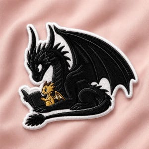 May include: An embroidered patch featuring a large black dragon with sharp horns and wings, sitting and holding an open book. A smaller, golden-yellow baby dragon sits in front of the larger dragon, also looking at the open book. The patch has a white border.