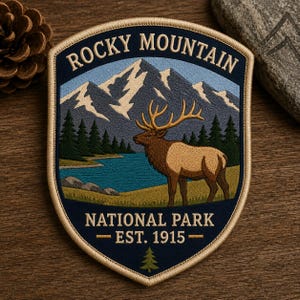 May include: A shield-shaped embroidered patch featuring a landscape with a brown elk, a blue lake, green pine trees, and snow-capped mountains. The text reads ROCKY MOUNTAIN NATIONAL PARK EST. 1915 with a small green tree icon at the bottom.