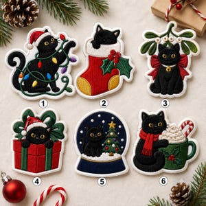 May include: Six embroidered patches featuring black cats with holiday themes. 1: Cat with Santa hat and lights. 2: Cat in a stocking. 3: Cat under mistletoe. 4: Cat in a gift box. 5: Cat in a snow globe with a tree. 6: Cat with a scarf and cocoa.