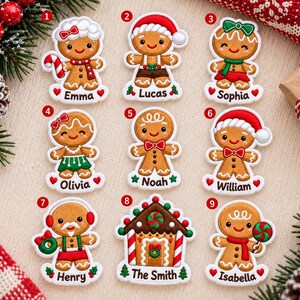 May include: Nine embroidered gingerbread-themed ornaments featuring various characters and a house. Each piece displays a name including Emma, Lucas, Sophia, Olivia, Noah, William, Henry, The Smith, and Isabella, accented with red hearts and green trees.