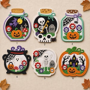 May include: Six embroidered Halloween-themed patches featuring various designs: a witch in a jar, a skeleton with a key, a spiderweb jar with flowers, a ghost in a cauldron, a skeleton in a jar, and a haunted house inside a pumpkin shape.