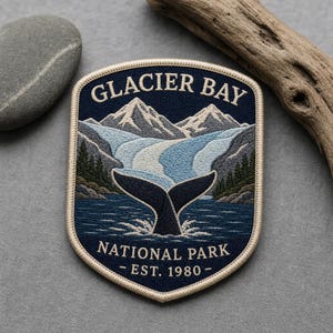 May include: A shield-shaped embroidered patch featuring a dark blue background with a whale tail in the foreground, snow-capped mountains, and a glacier. The text reads GLACIER BAY NATIONAL PARK EST. 1980 in white lettering with a tan stitched border.