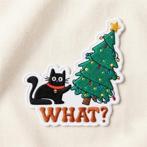 Custom Embroidered Patch Funny Christmas Cat What, Iron On Sew On Hook and Loop Holiday Kitty Tree Applique, Cute Gift for Cat Lovers