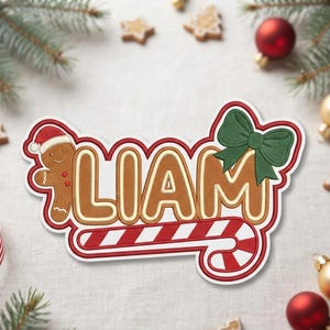 May include: A custom embroidered patch featuring the name LIAM in brown gingerbread-style letters. The design includes a gingerbread person wearing a red Santa hat, a green bow, and a red and white striped candy cane border.