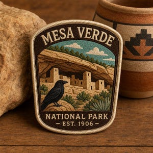 May include: A rectangular embroidered patch with rounded corners featuring a landscape of Mesa Verde National Park. The design includes cliff dwellings, a black raven, and the text MESA VERDE NATIONAL PARK - EST. 1906 in cream on brown.