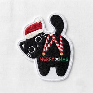 Custom Embroidered Patch Merry Xmas Black Cat, Iron On Sew On Hook and Loop Christmas Kitty Applique, Cute Holiday Cat Gift for Cat Lovers
