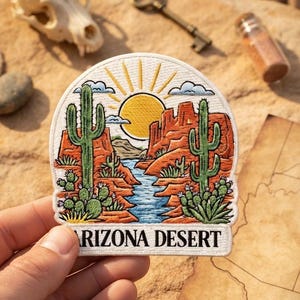 Custom Embroidered Patch Arizona Desert Landscape, Iron On Sew On Hook and Loop, Cactus Southwest Travel Backpack Jacket Patch