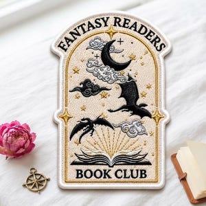 Custom Embroidered Patch, Fantasy Readers Book Club Iron On, Sew On, Hook and Loop Dragon Book Patch, Bookworm Reader Gift