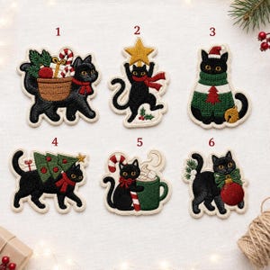 May include: Six embroidered patches featuring black cats with Christmas themes. Patch 1 shows a cat with a basket of gifts. Patch 2 shows a cat holding a gold star. Patch 3 shows a cat in a green sweater. Patch 4 shows a cat carrying a tree. Patch 5 shows a cat with a mug. Patch 6 shows a cat with a red ornament.