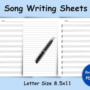 Könnte beinhalten: Songwriting-Blätter mit Notenlinien und einer linierten Seite, mit dem Text "Song Writing Sheets" oben. Ein schwarzer Stift liegt auf den Seiten. Das Papierformat ist 21,6 x 27,9 cm. Ein blauer Kreis kennzeichnet eine druckbare PDF-Datei.
