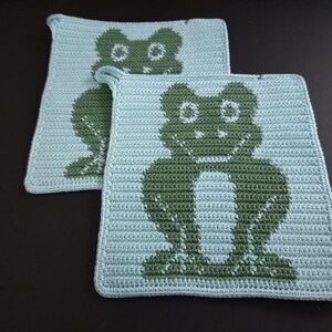 Könnte beinhalten: Zwei gehäkelte Topflappen mit einem grünen Frosch-Design auf hellblauem Hintergrund.