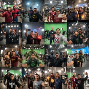 Könnte beinhalten: Eine Sammlung von Selfies mit verschiedenen Marvel-Charakteren, darunter Spider-Man, Captain America und Iron Man, die an einem Filmset aufgenommen wurden. Die Bilder zeigen einen Mann, der mit den Charakteren vor Green Screens und detaillierten Hintergründen posiert.