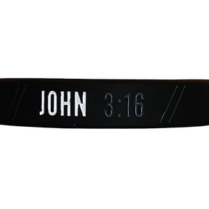 May include: Black silicone bracelet with white text that reads "JOHN 3:16" and green diagonal lines on either side.