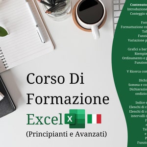 Può includere: Un poster verde e bianco con il testo "Corso Di Formazione Excel (Principianti e Avanzati)" e un elenco degli argomenti trattati in un corso di formazione Excel.
