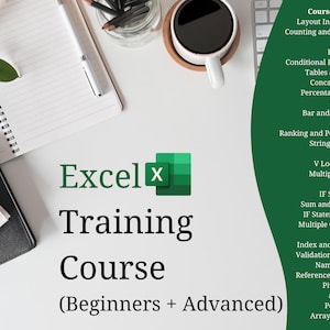 May include: A green Excel logo with the text "Excel" and a white "x" in the logo. The text "Training Course (Beginners + Advanced)" is below the logo. The image also includes a list of Excel training topics, including layout introduction, counting and summing, averages, formatting, conditional formatting, tables and filters, concat function, percentage change, sparklines, bar and pie charts, flash fill, ranking and percentages, string functions, V lookup, V lookup with multiple criteria, X lookup, IF statements, sum and count IFS, IF statement with multiple conditions, IF error, index and matching, validation lists and named ranges, reference functions, pivot tables and slicers, power pivot, and array functions.