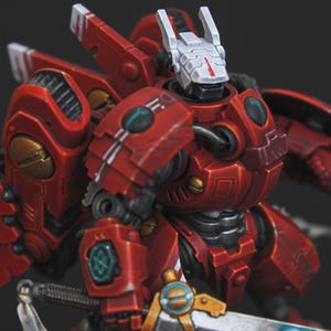 Commander Farsight Warhammer 40k miniature, professionally hand painted in Farsight Enclaves red and white. T'au Empire battlesuit commander, Elite tier display-quality commission painting, fully built, based and varnished.