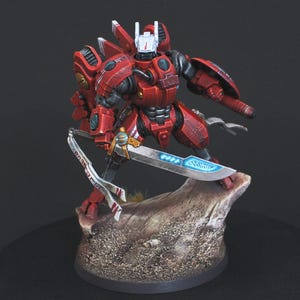 Commander Farsight Warhammer 40k miniature, professionally hand painted in Farsight Enclaves red and white. T'au Empire battlesuit commander, Elite tier display-quality commission painting, fully built, based and varnished.