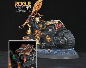 May include: Miniature figurine of a warrior riding a black motorcycle, with gold and red accents. The warrior is holding a staff with a gold emblem. The motorcycle has a large front wheel and a detailed design. The text "ROGUE MINIATURES" is visible.