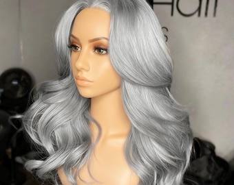 100% Virgin Human Hair  Wigs 10”-26" Inches Silver Grey Balayage