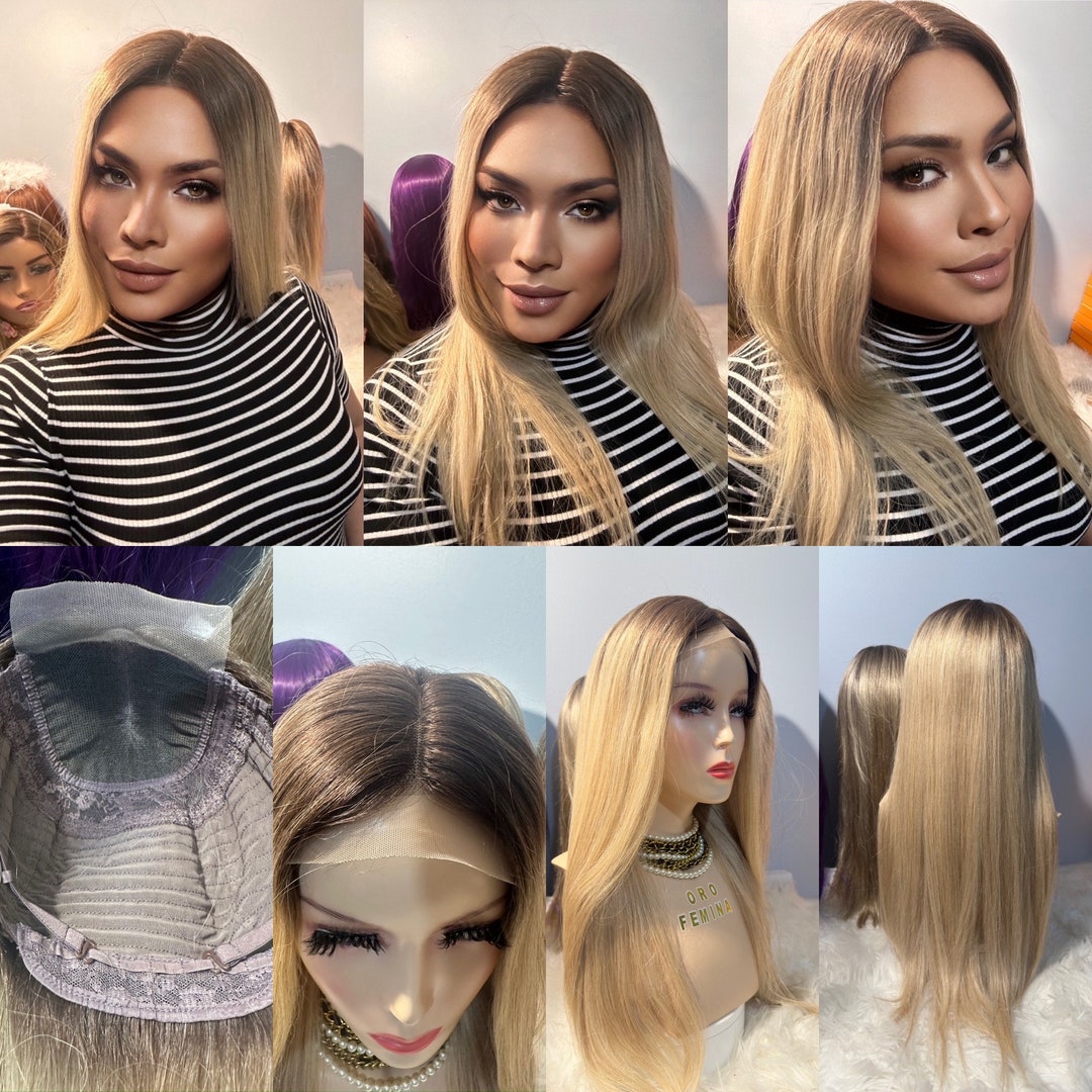 4x4 Lace Front 18 Length Virgin Human Hair Wig Shaded Butter Popcorn