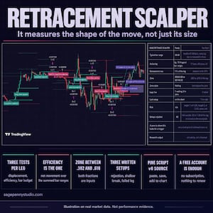 Op de afbeelding: Een donkergekleurde digitale handelsgrafiek getiteld RETRACEMENT SCALPER met de ondertitel It measures the shape of the move, not just its size. De afbeelding toont candlestick-data, technische labels, een tabel en zes informatieblokken.