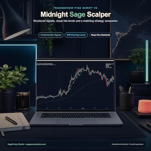May include: A laptop screen displays the TradingView Pine Script V6 Midnight Sage Scalper interface, featuring a financial candlestick chart with trend lines. Text includes 'Structured signals, visual risk levels and a matching strategy companion', 'Confirmed-Bar Signals', 'ATR Planning Levels', 'Buyer-Run Backtests', and 'SagePenny Studio'.