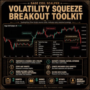 Op de afbeelding: Een zwarte digitale infographic getiteld Sage Coil Scalper Volatility Squeeze Breakout Toolkit. Het bevat een candlestick-beursgrafiek met labels zoals Coil, Expansion break en Failed expansion, plus een gegevenstabel en lijst.