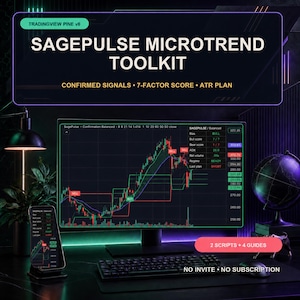 Può includere: Uno schermo digitale che mostra il SagePulse Microtrend Toolkit con TradingView Pine v6, con segnali confermati, un punteggio a 7 fattori e un piano ATR. Lo schermo mostra un grafico finanziario con indicatori di acquisto e vendita.