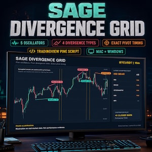 May include: A computer monitor displaying the Sage Divergence Grid trading software interface. The screen shows a dark-themed financial candlestick chart with various divergence labels, technical indicators, and the text Sage Divergence Grid.