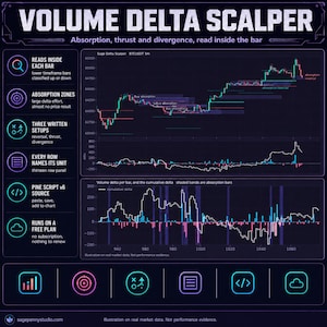 Op de afbeelding: Een donkergekleurde digitale infographic met de titel VOLUME DELTA SCALPER. Het toont financiële handelsgrafieken met candlestick-patronen, volume delta-gegevens en cumulatieve delta-lijnen. Een zijbalk somt functies op, waaronder lezen binnen elke balk, absorptiezones, drie geschreven setups, rij-eenheden, Pine Script v6-broncode en compatibiliteit met een gratis abonnement.