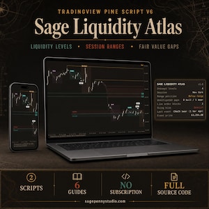 Puede incluir: Un ordenador portátil y un teléfono inteligente que muestran la interfaz Sage Liquidity Atlas TradingView Pine Script V6. La pantalla muestra gráficos financieros con niveles de liquidez, rangos de sesión y brechas de valor razonable.