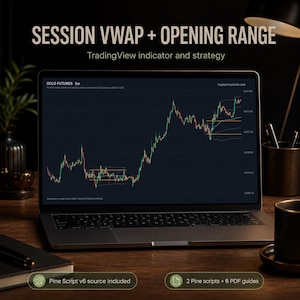 May include: A laptop displaying a financial chart titled Gold Futures 5m with the text SESSION VWAP + OPENING RANGE TradingView indicator and strategy. The screen shows price action lines, and the bottom includes text about Pine Script v6 and PDF guides.