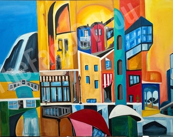 Abstract city, imaginary colorful original hand painting made with Acrylics.