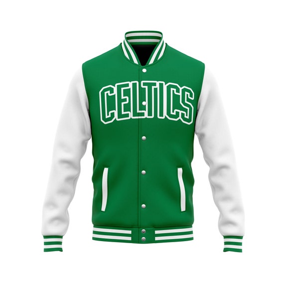 Mens Letterman Boston Celtics Green and White Varsity Bomber Jacket