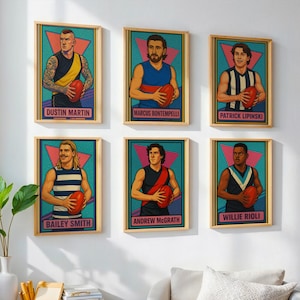 Cartazes de cartas colecionáveis de jogadores de futebol australiano retrô personalizados | Presentes para crianças, aniversário, marido, Natal, regras australianas, namorado, esporte, futebol