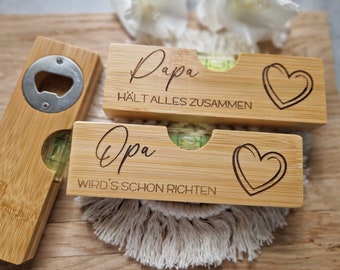 Spirit level with integrated bottle opener, bamboo, grandpa, dad, gift