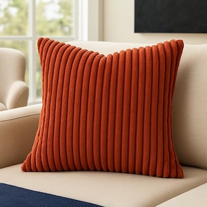 Burnt Orange Corduroy Pillow Cover: Boho Mid-Century Throw Pillow (18x18&quot;)