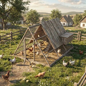 Op de afbeelding: Een houten A-frame kippenhok met gaas, met daarin verschillende kippen van verschillende kleuren. Het hok staat in een grasveld met een houten hek, omgeven door een landelijk landschap met huizen en bomen.