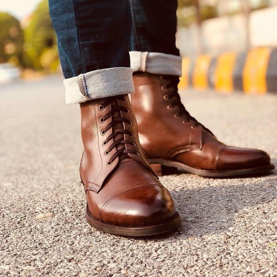 applaus genezen Jongleren Leren laarzen mannen Brown Lace up Biker Boots mannen lange - Etsy België