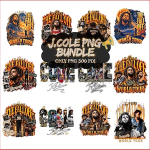May include: A digital collection of J. Cole graphic designs featuring the text The Fall Off World Tour. The images display various illustrations of the artist, concert scenes, and urban landscapes in vibrant orange, yellow, and blue color palettes.