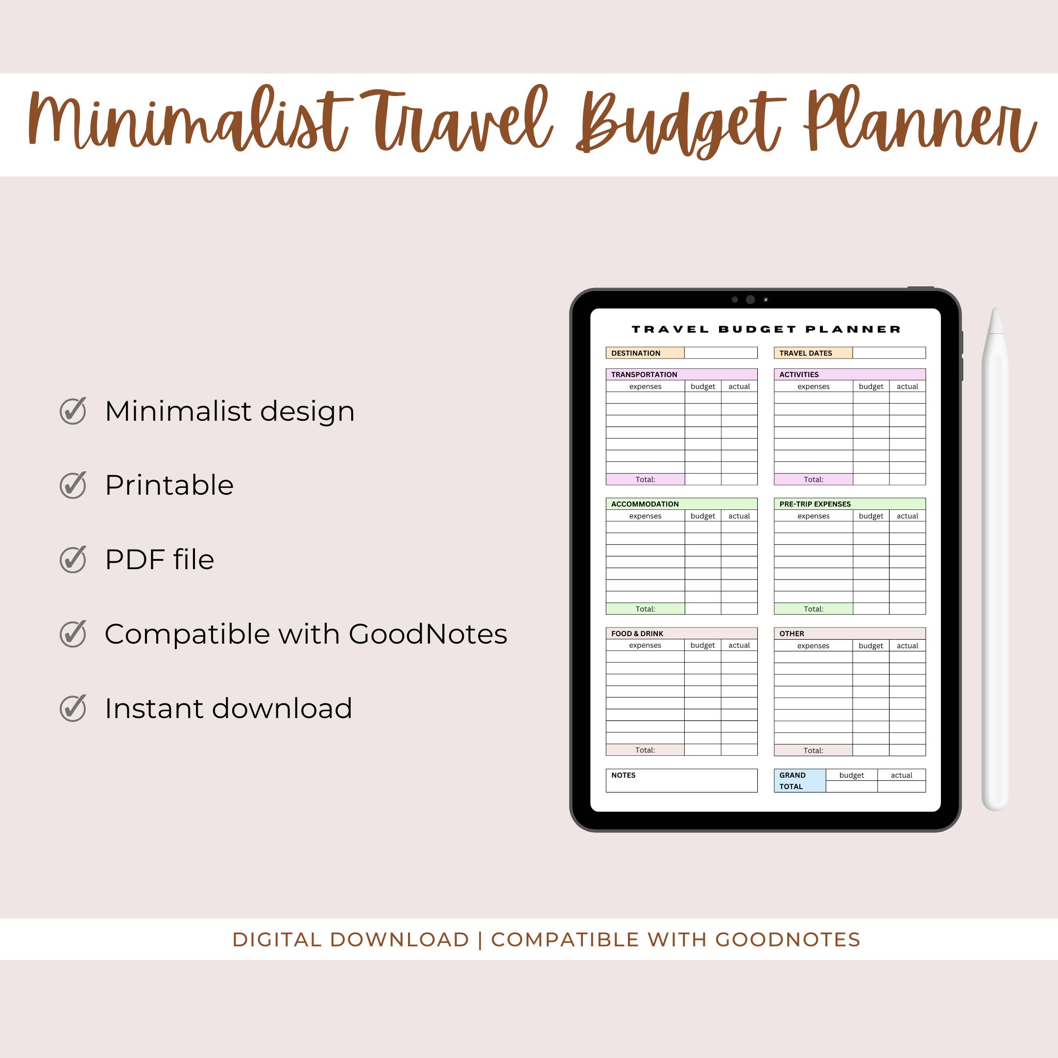 Simple Printable Travel Budget Planner Template, Vacation Budget ...