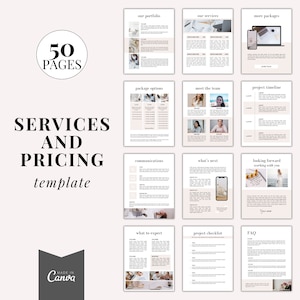 Client welcome packet template, Services and pricing catalog, New client service guide, coaching onboarding template, Canva template
