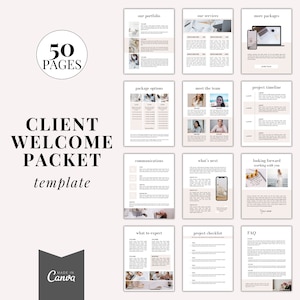Client welcome packet template, New client service guide, coaching onboarding template, Canva template